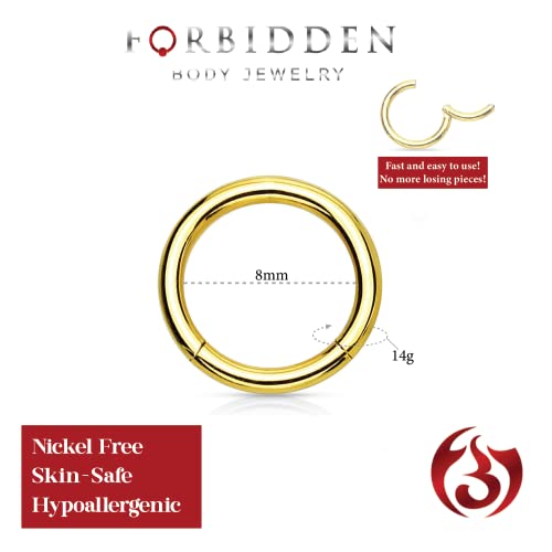 Forbidden Body Jewelry 316L Surgical Steel Hinged Seamless Nose Rings Hoop 14G 16G 18G, Diameter 6mm 8mm 10mm 12mm, Gold/Rose Gold/Silver/Black/Rainbow Colors. - style: 14g 8mm - Gold