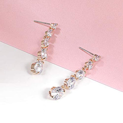 Women's Cubic Zirconia Bridal Earrings - Elegant Long Wedding Party Prom Earring for Bride Bridesmaids Crystal CZ Rhinestone Chandelier Statement Dangle Drop Earrings for girls - color: 5 Round CZ Drop Earring-gold