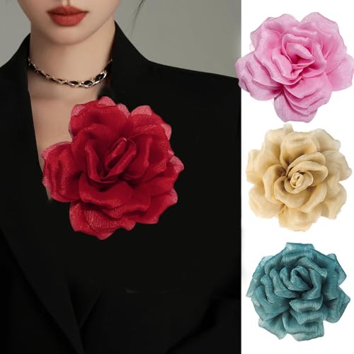 Flash Camellia Flower Brooch Pin for Women Men Elegant Texture Fabric Dahlia Rose Floral Brooches Lapel Pins Dainty Wedding Holiday Party Costume Dress Accessories Jewelry - color: Red