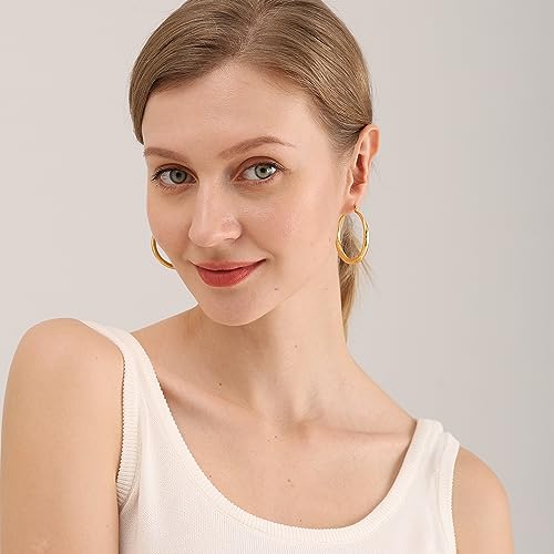 OOOPEL 925 Sterling Silver Hoop for Women Gold Hoop Earrings Hypoallergenic Diamond-Cut Ripples Designed - Non Tarnish Large Hoop Earrings(30/40/50/60/70mm) - color: Gold-40mm