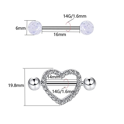 VERAMI 14G Stainless Steel Heart Nipple Rings and Barbell - Butterfly, Starlight Acrylic Ball, Tongue Rings for Women and Men - color: CLEAR-CZ