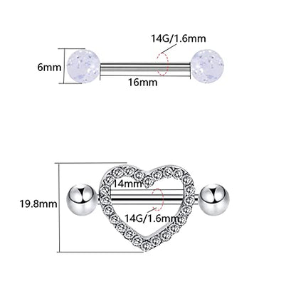 VERAMI 14G Stainless Steel Heart Nipple Rings and Barbell - Butterfly, Starlight Acrylic Ball, Tongue Rings for Women and Men - color: CLEAR-CZ