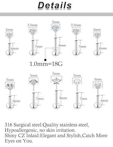 20G 18G 16G Push in Theadless Nose Rings Studs Hypoallergenic Lip Labret Jewelry Flat Back Nose Stud Stainless Steel Cartilage Helix Tragus Earrings for Women Men 6mm 7mm 8mm Bars Diamond 3mm - color: A:18G-Push in-Bar 6mm 7mm 8mm