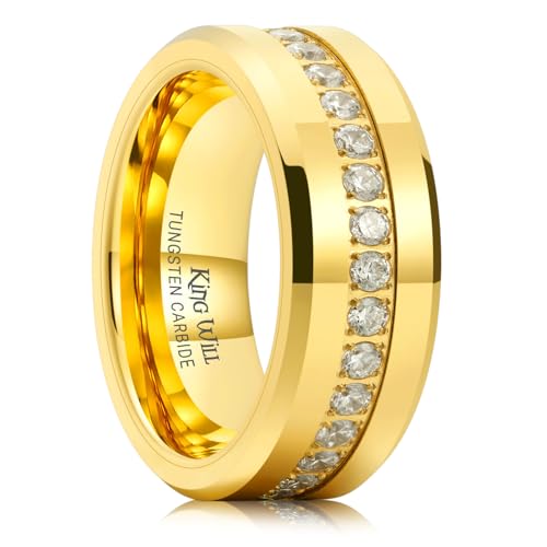 King Will 8mm Tungsten Carbide Rings for Men Cubic Zircon Stones Inlay - color: Gold 8mm