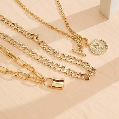 Gold Layered Necklaces for Women Chunky Stacked Necklaces for Women Trendy Retro Coin Pendant Necklace Womens Multilayer Chain Necklaces Fashion Jewelry Gifts - style: style 1