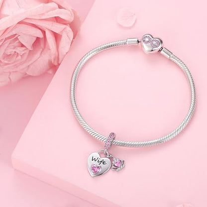 Family Charms for Charms Bracelet: 925 Sterling Silver Heart Dangle Charms for Bracelets and Necklaces, Birthday Mother's Day Christmas Jewelry Gifts For Women. - color: Wife