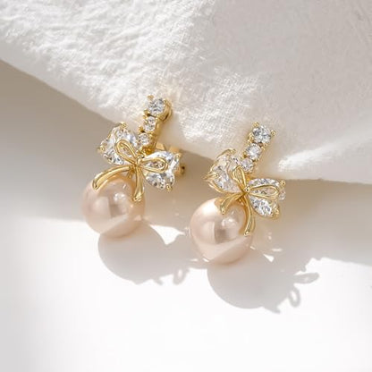 YOQUCOL Golden Bow Clip On Stub,Danle Drop Earrings for Women Simulated Pearl Christmas Xmas Bowknot Non Pierced Earrings - color: Dangle Clip-02