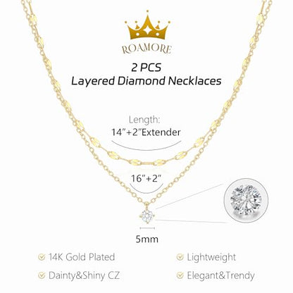 Layered Choker Necklace for Women Stackable Chain Dainty Zircon Pendant Set | 2PCS, Silver/14K Gold Plated, Box/Ball/Rope/Lip chain, Layering Diamond Cut CZ Pendant, Dainty Thin Chain, Trendy Prom Gift - color: Gold, style: Style 04
