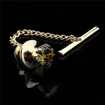 HAWSON Mens Tie Tack with Chain Round Crystal Wedding Business Accessories - color: Gold + Olivine