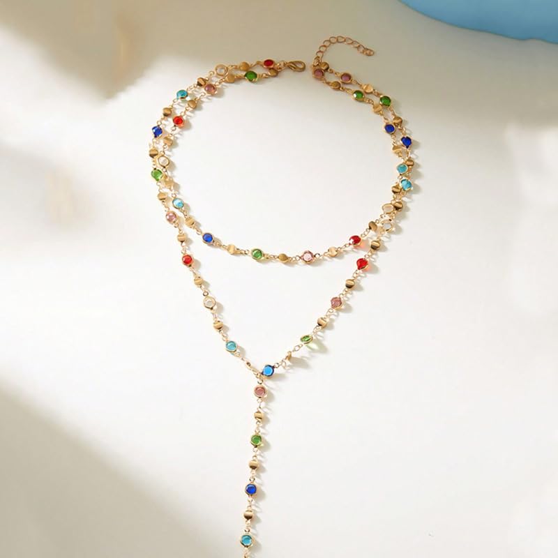 KURTCB Rhinestone Necklace for Women Boho Long Y Lariat Gold Necklace Stack Colorful Summer Beach Jewelry - color: Multicolor Layered