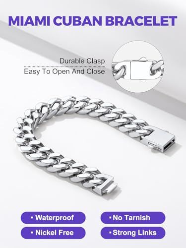 Richsteel Gold/Black/Silver Cuban Link Bracelet for Men,5/7/9/12MM Width | 316L Stainless Steel Chain Wrist Bracelet, Waterproof, No Tarnish, Hypoallergenic Hip Hop Jewelry, with Gift Box - color: 01-Stainless Steel 12mm Width
