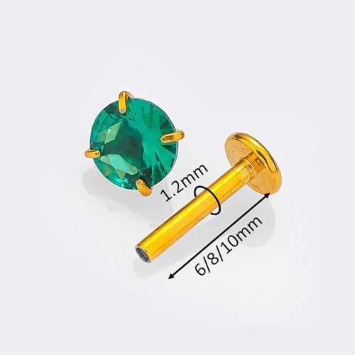 10Pcs 16G Emerald CZ Stainless Steel Lip Rings Internally Threaded Labret Lip Studs Monroe Medusa Piercing Jewelry Conch Helix Cartilage Studs Earrings 6mm 8mm 10mm - color: Gold, size: 6mm