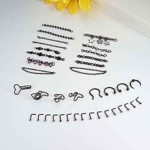 Stainless Steel Nose Rings Chain Horseshoe Nose Ring Body Piercing Jewelry | African Star Heart Studs Horseshoe Nose Cuff Septum Chain Body Piercing Jewelry Set for Women Men, Silver - color: Black