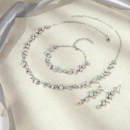 EVER FAITH Cubic Zirconia Pearl Leaf Bridal Jewelry Set for Bride Women | White Wedding Prom Necklace Dangle Earrings Bracelet, for Bridesmaid - color: Leaves_Silver-Plated-Brass