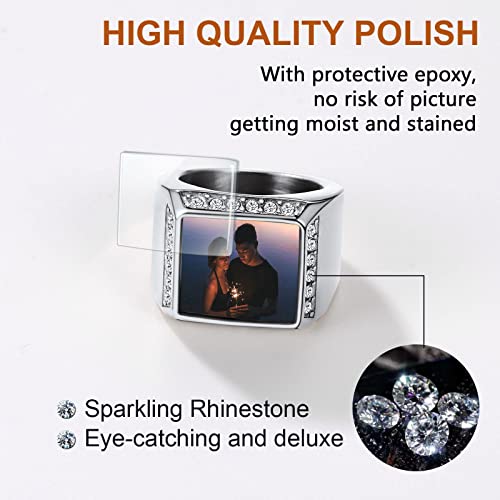 FindChic Customized Signet Photo Rings Square/Heart/Round Chunky Band Ring Stainless Steel/18K Gold Plated/Black Size 7 to 14 Personalized Jewelry for Men Women, Send Gift Box - color: 01. square (stainless steel)