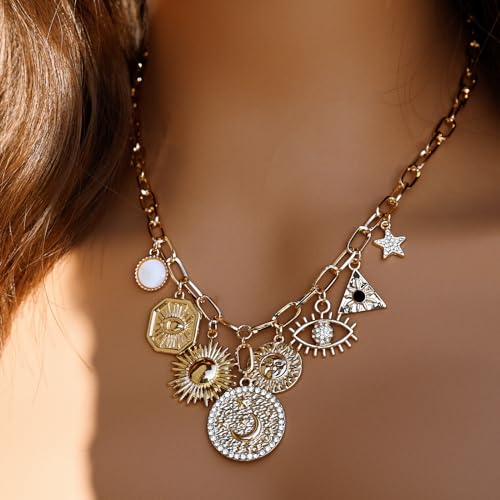 ORIGENCE Sun Heart Necklace for Women 18K Gold Plated Heart Pendant Necklace Chunky Chain Choker Necklaces Hip Hop Charm Necklaces Trendy Unisex Jewelry - style: 8Charm-Gold