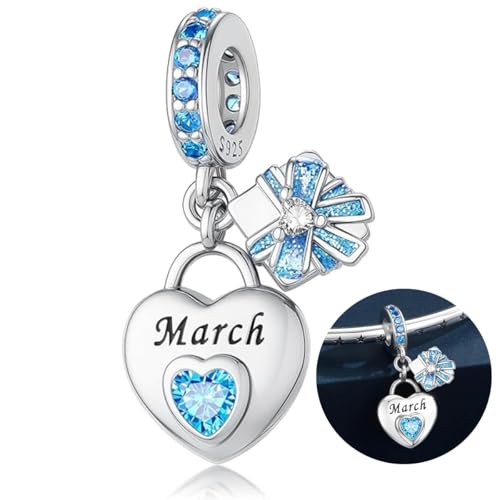 Love Heart Birthstone Dangle Charms Compatible with Pandora Bracelets | 925 Sterling Silver 5A Cubic Zirconia Mother's Day Christmas Birthday Birthstone Gifts Bead Charm Pendants Women Jewelry - color: March Dangle Birthstone Charms