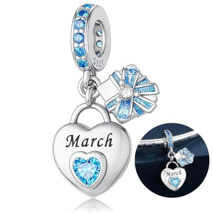 Love Heart Birthstone Dangle Charms Compatible with Pandora Bracelets | 925 Sterling Silver 5A Cubic Zirconia Mother's Day Christmas Birthday Birthstone Gifts Bead Charm Pendants Women Jewelry - color: March Dangle Birthstone Charms