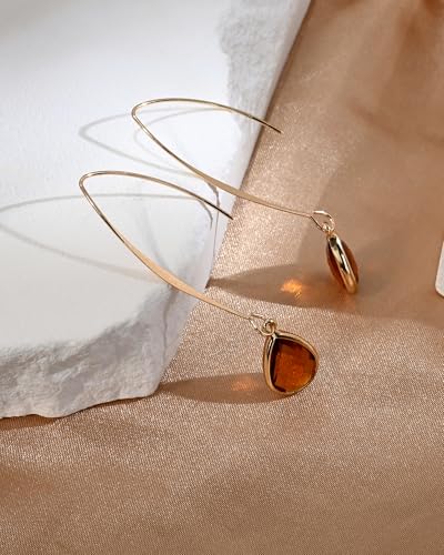 Long 14K Gold Plated Brown Teardrop Stone Dangle and Drop Vintage Earrings Crystal Lightweight Earrings for Women