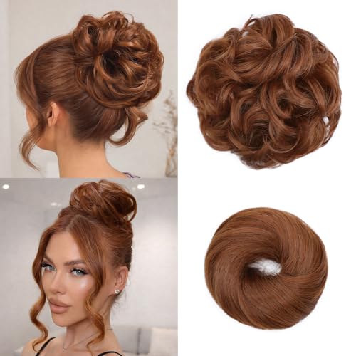 2PCS Messy Bun Hair Pieces Synthetic Hairpieces For Women Auburn | Messy Bun and Donut Bun in one set for natural-looking volume and elegant updos for every occasion. - color: Auburn
