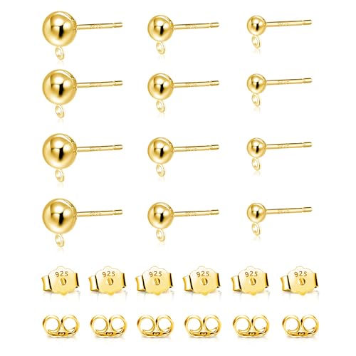12Pcs Gold Earrings Making Supplies Ball Studs Post with Loop Ear Backs | Hypoallergenic 3/4/5mm Ball/Flat Stud Post Replace Butterfly Ear Backs for Dangle Charm Pendant Earring Jewelry Making Set - color: Ball_Gold