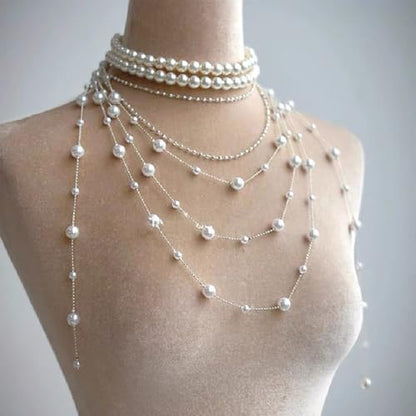 Layered Pearl Choker Necklace for Women Long Pearl Tassel Necklaces Multi Strand Pearl Necklaces Faux Pearl Necklace Wedding Jewelry - color: White