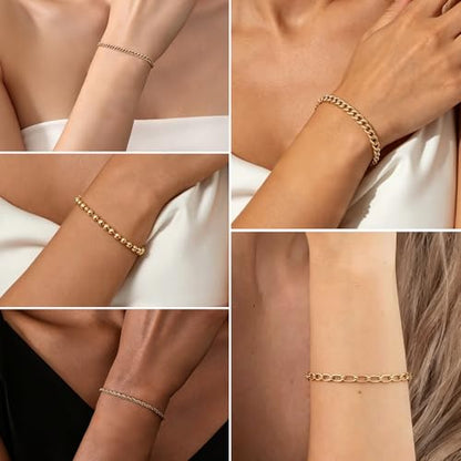 Gold Bracelet for Women Waterproof, 14K Gold Plated Stackable Link Bracelet Set Adjustable Paperclip Chain Cuban Rope Layered Jewelry Sets for Womens Mom Mother's Day Fashion Accessories