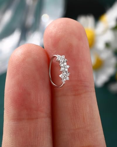 20G 925 Sterling Silver Small Thin Nose Ring Hoop for Women, Silver 7mm - 8mm Adjustable Half Hoop Nostril Piercing Jewelry - color: Z-Flower