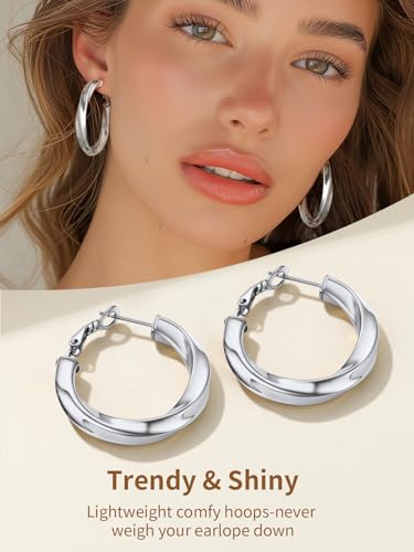 FindChic Twisted Hoop Earrings for Women, Silver/Black/14K Gold Plated Hypoallergenic Hollow Tube Rounded Loop Earrings, 30mm/40mm/60mm/80mm Hoops with Custom Name Options and Gift Box - color: b.Silver, size: 40MM