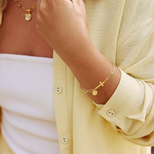 Gold Bracelets for Women,14K Gold-Plated Dainty A-Z Letter Cross Initial Bracelet for Women, Hypoallergenic Paperclip Chain Bracelets Fashion Accessories Religious Christian Gift - color: G