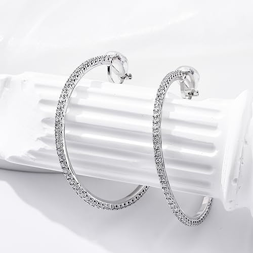 YOQUCOL 4.3CM(1.7in) Clip On Hoop Earrings Cubic Zirconia Non Pierced Ears Hoops for Women - color: 55MM-Silver