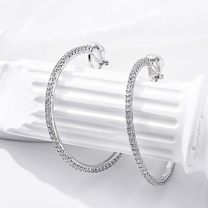 YOQUCOL 4.3CM(1.7in) Clip On Hoop Earrings Cubic Zirconia Non Pierced Ears Hoops for Women - color: 55MM-Silver