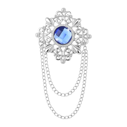 Vintage Crystal Brooch Pins Hanging Chain Lapel Pin for Men Suits Dress Shirt Collar Chain Lapel Pin Brooches for Men Suits - color: Blue-silver