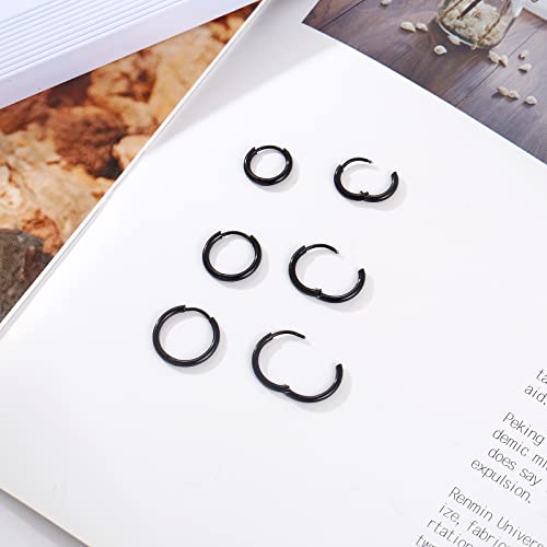 Osayia 316L Surgical Stainless Steel Small Hoop Earrings 8mm 10mm 12mm Hypoallergenic Huggie Thin Hoop Earrings Helix Lobes Hinged Sleeper Earrings Men Women for Cartilage Piercings - color: F: Black (Diameter 8mm/10mm/12mm),3 Pairs