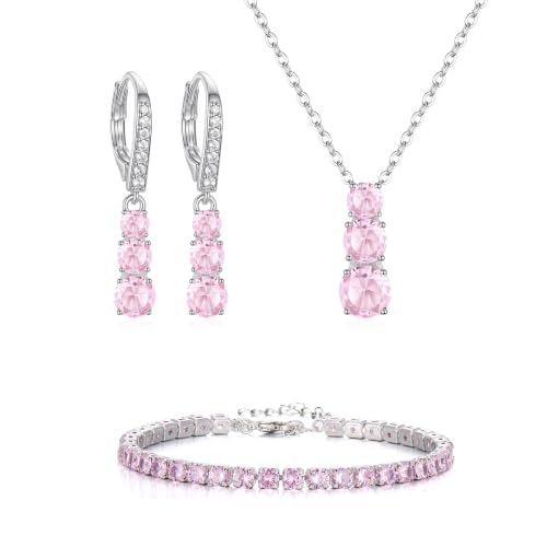 Crysdue Cubic Zirconia Jewelry Set for Women Bridesmaid, Classic Round Cut Drop Lightweight Lever Back Earrings Pendant Necklace Tennis Bracelet for Wedding Prom Party - style: 3pcs Light Pink, Silver