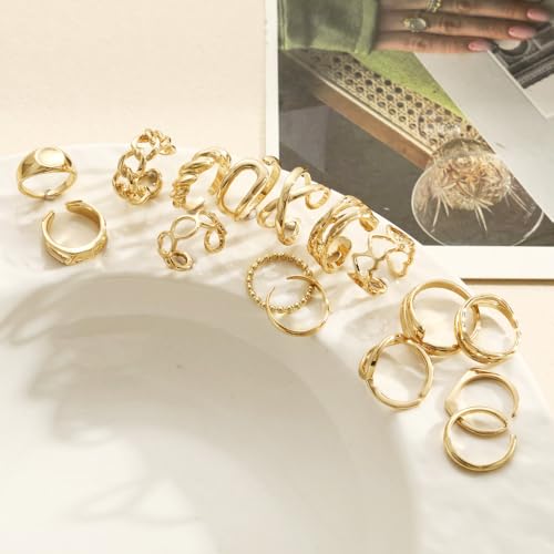 15-25 Pcs Chunky Gold Rings Set for Women, Stackable Finger Midi Rings, Dainty Gold Stacking Statement Womens ring pack - color: Gold-16Pcs