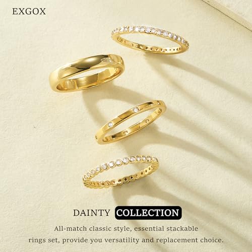 EXGOX Dainty Stackable Gold Rings - 14K Gold Plated, Non Tarnish Cubic Zirconia Stacking & Thumb Knuckle Rings (4pcs Size 7-11) - color: Gold Bands Rings, size: 11