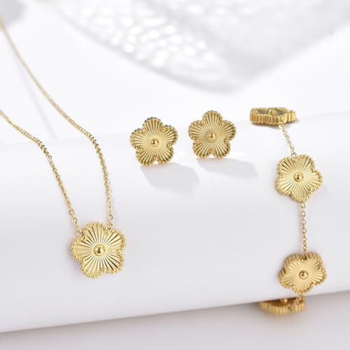 Clover Neckalce Earring Set for Women 14K Gold Plated Stainless Steel Four Leaf Clover Jewelry Set - color: Gold