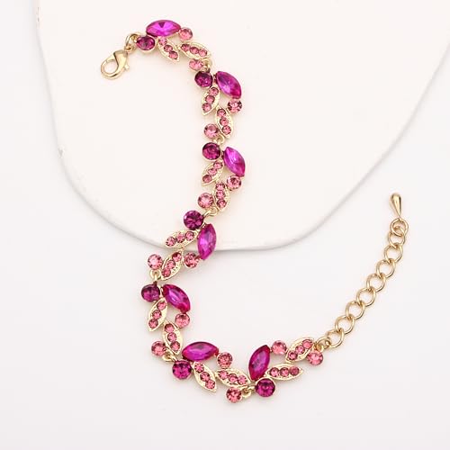 QLLYHLH Woman’s Brides Bridesmaid Leaf Choker Necklace Dangle Earrings Link Bracelet Austrian Crystal Wedding Jewelry Set Prom Costume Party Events | Brides, Bridesmaid, Prom, Events, Costume Party, Leaf - color: Fuchsia-Gold Plated