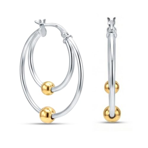 LeCalla 925 Sterling Silver Hoop Earrings for Women | Lightweight Two-Tone & Gold-Plated Hoops Earring Jewelry | Bead Ball & Evil Eye Click-Top Round & Oval Hoop Earrings Jewelry Gifts - color: Two-Tone Double Hoop