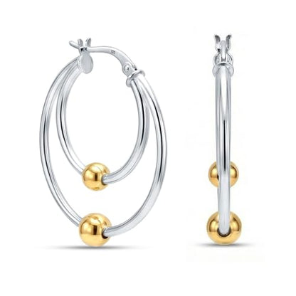 LeCalla 925 Sterling Silver Hoop Earrings for Women | Lightweight Two-Tone & Gold-Plated Hoops Earring Jewelry | Bead Ball & Evil Eye Click-Top Round & Oval Hoop Earrings Jewelry Gifts - color: Two-Tone Double Hoop