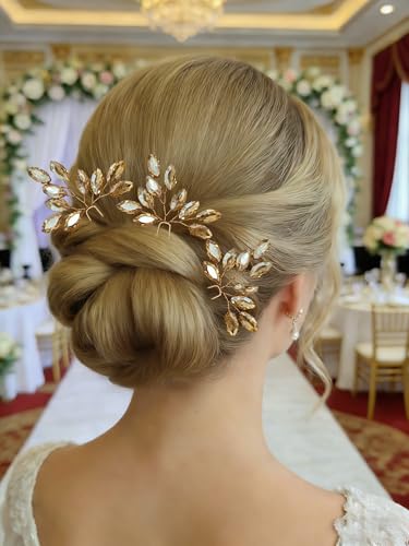 Elegant 3pcs Crystal Hairpins for Wedding Bridal Leaf Wedding Anniversary Hair Pins Bridesmaid Maid of Honor Hairpieces,Champagne - color: Champagne