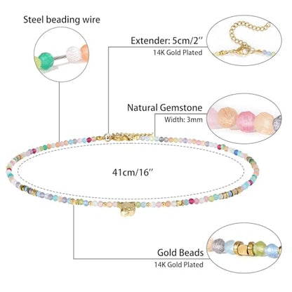 KissYan Beaded Choker Necklace for Women, Colorful Natural Gemstones Pearl Choker 14K Gold Plated Pendant Healing Crystal Necklace Handmade Stone Jewelry Gift | 14K Gold Plated Pendant Necklaces, Natural Gemstones Pearl Choker, Healing Crystal Chain, Hand