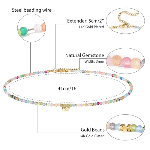 KissYan Beaded Choker Necklace for Women, Colorful Natural Gemstones Pearl Choker 14K Gold Plated Pendant Healing Crystal Necklace Handmade Stone Jewelry Gift | 14K Gold Plated Pendant Necklaces, Natural Gemstones Pearl Choker, Healing Crystal Chain, Hand