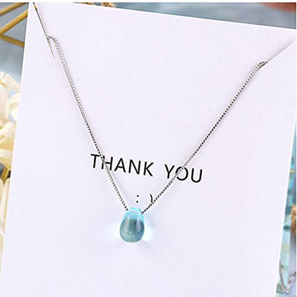 Caiyao Sweet Blue Waterdrop Round Bead Pendant Necklace Artificial Crystal Glass Simple Sea Teardrop Necklace for Women