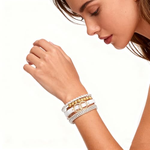 Leather Wrap Bracelets for Women, Boho Leopard Multi-Layer Crystal Beads Cuff Jewelry - color: J-Warp-009
