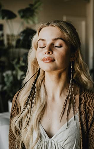 Bohemian handmade long lightweight feather dangle earrings for women - color: Black & Grizzly