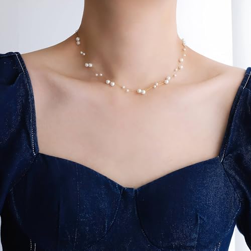 Dainty Pearl Choker Necklace for Women Non Tarnish | Adjustable Layered Gold and Pearl Necklace for Daily & Wedding | Handmade Minimalist June Birthstone Jewelry for Her