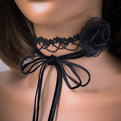 Black Choker Camellia Flower Lace-up Necklace For Women - color: BLACK2