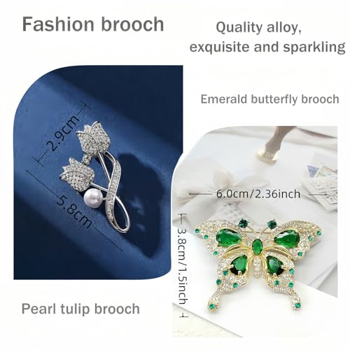 2pcs Rhinestone Brooch Pin for Women Dress Elegant Stylish Crystal Brooches Fashion Accessories Pins Lapel Boutonniere Ideas Wedding Christmas Birthday Jewelry Easter Gift - color: 12 Green Butterfly/Silver